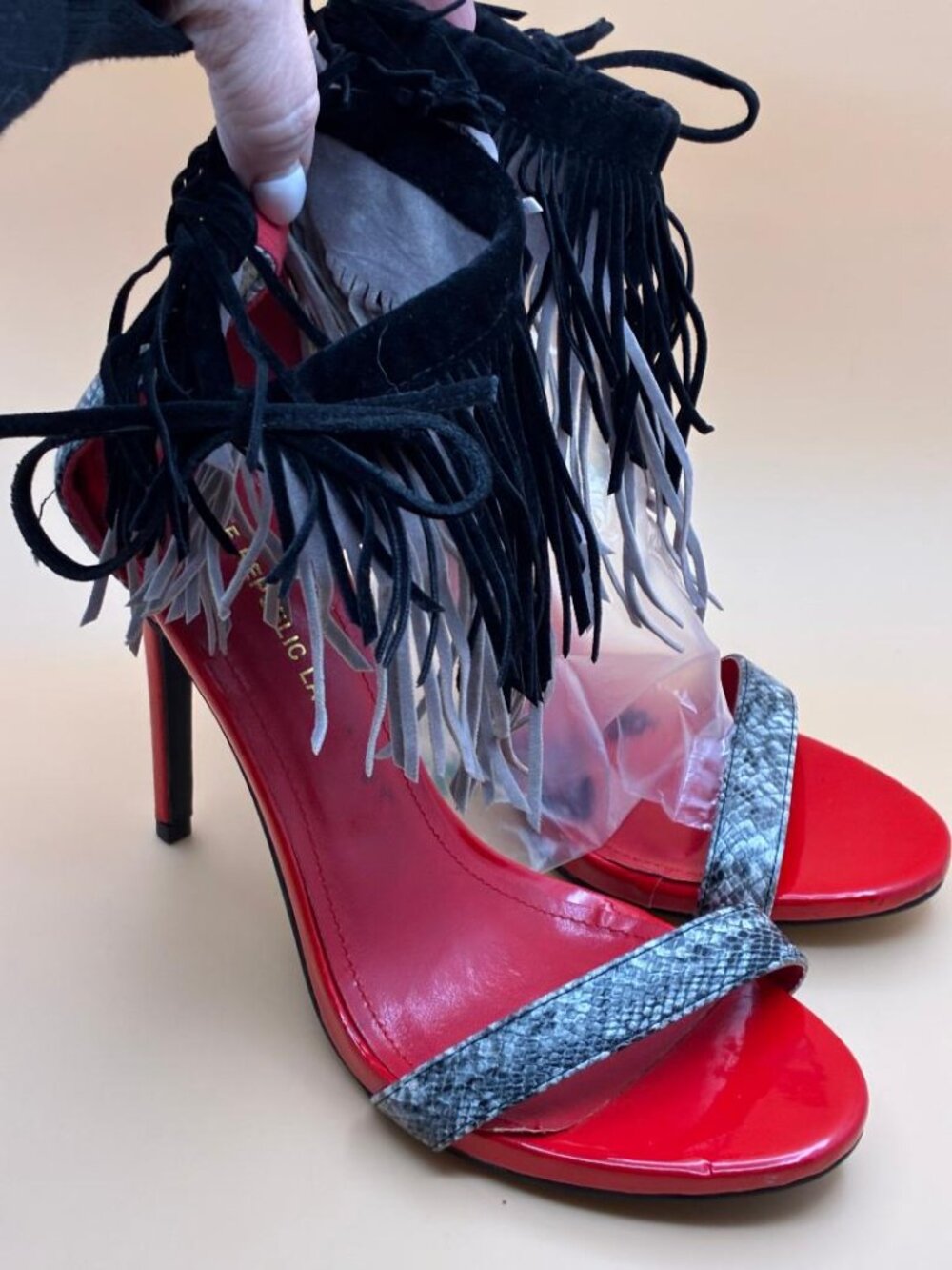 Shoe Republic LA Black & Gray Suede Fringe Ankle Cuff Python Stiletto Heels Sz 9